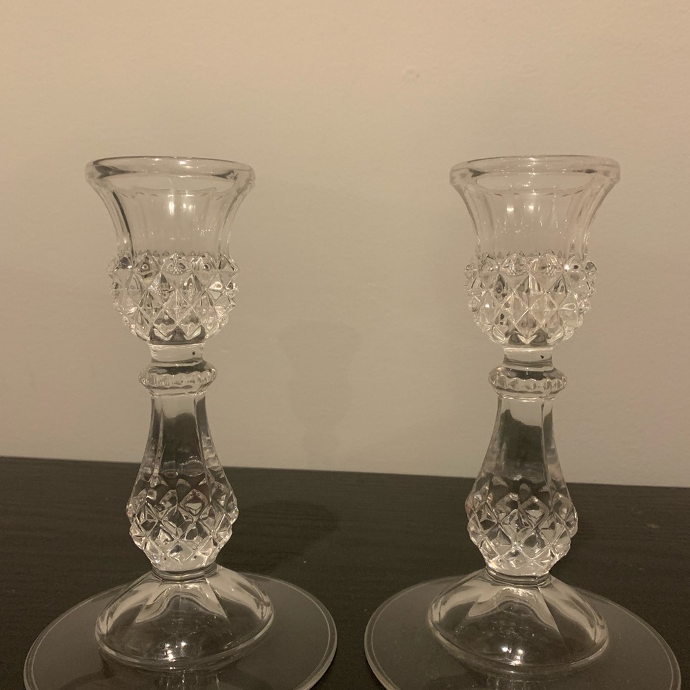 Two Hobnail Crystal Candleholders